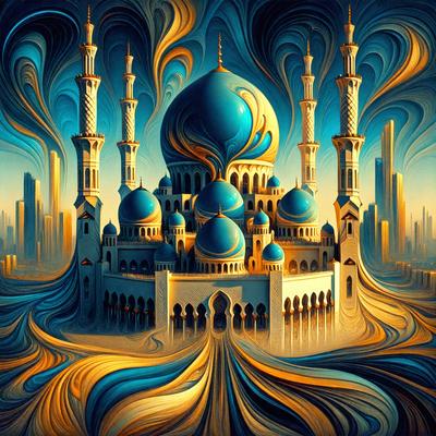 The primary subject of the image is a large, ornate blue mosque with a gold dome. The mosque is surrounded by a beautiful blue sky, and it is situated in a city with tall buildings in the background. The visual style of the image is a digital art or illustration, creating a vibrant and detailed representation of the mosque. The colors and mood of the image are predominantly blue and gold, giving the scene a serene and majestic atmosphere.